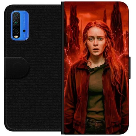 Kompatibelt Plånboksfodral till Xiaomi Redmi Note 9 4G Porträtt av en ung kvinna med rött hår i en apokalyptisk landskap, röda blixtar och mörka