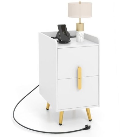 COSTWAY Natbord med 2 Skuffer, 2 USB-porte og 3 stik, metalben, til soveværelse, stue, 40 x 32 x 60 cm, Hvid