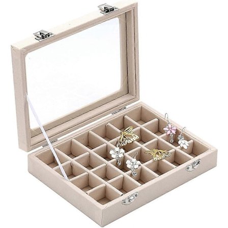 Velvet Glas Smykke Ring Display Organizer Boks Bakke Holder Øreringe Opbevaringsetui (Beige)