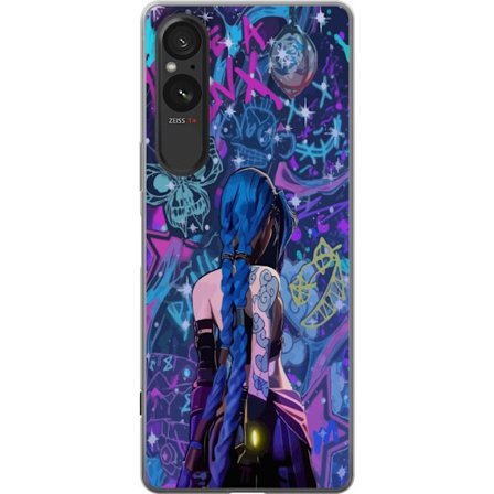 Yhteensopiva Puhelinkuori Sony Sony Xperia 5 V Värikäs graffitipiirros, jossa on sinisellä hiuksilla varustettu hahmo kaupunkimaisessa neon-tyyliss