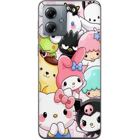 Kompatibelt Mobildeksel til Motorola Moto G14 Tett mønster av søte figurer med store øyne i ulike farger og uttrykk med LABUBU-tekst