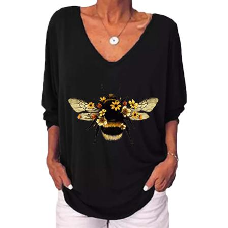 Kvinnor Bee-tryckt T-shirt Dam Baggy Pullover Blus