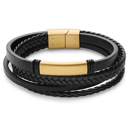 Gebürstetes goldfarbenes Edelstahl ID Armband für Männer - Lederarmbänder