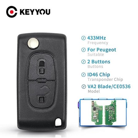 2-painikkeinen auton kaukosäädin avaimenperä Id46-sirulla Peugeot 207 307 308 407 807 433mhz Va2-terä Ce0536