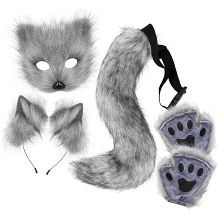 Plyschmask med rävsvans och öron set, katt svans räv kostym cosplay dräkt med katt öron och tass handskar halloween cosplay