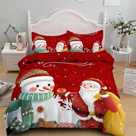 Julesengesett for barn Dynetrekk Julenissen Snømannmønster Juledekorasjon (Rød, 135 x 200 cm)