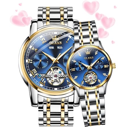 Par klockor för män och kvinnor automatisk hans och hennes set mekaniska pull tone rostfritt stål vattentät lysande datum armbandsur