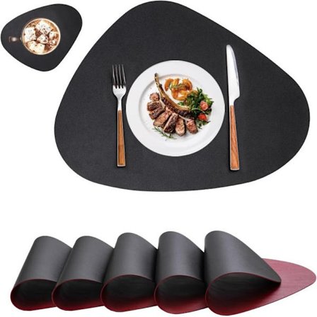 Svart & Röd Oval Bordstablett Set om 6, Konstläder Bordstabletter, Dubbelsidig Underlägg för Runda Bord, Vattentät Halkskyddande Bordstablett