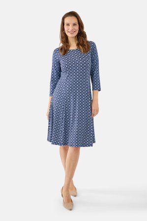 SIGNATURE - Knælang Kjole - Blå / Hvid - Grafisk Mønster