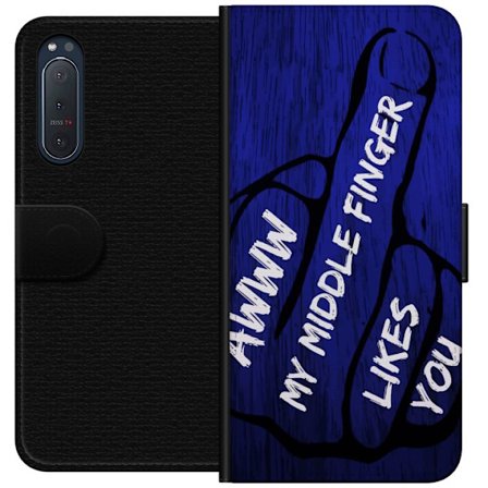 Kompatibelt Lommeboketui til Sony Xperia 5 II Mørk typografisk illustrasjon med hjerteform og budskap om vennskap mot dyp blå tretekstur