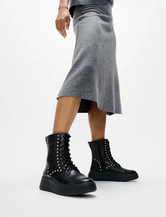 FitFlop F-Mode Gem-Trim Leather Lace-Up Ankle Boots - Black - EU37