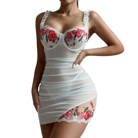 Dame Lingerisæt, blomstret rynket gennemsigtig teddy med tanga, elegant natkjole til romantiske lejligheder og boudoir-øjeblikke (Hvid)
