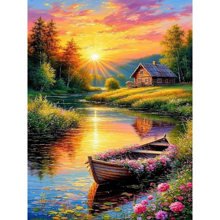 Diamond Art Kits för Vuxna Landsbygd Solnedgång, DIY 5D Diamantmålningskit för Nybörjare Flodstrand Stuga, Full Runda Borr Ädelsten Konst Prickar, Hem