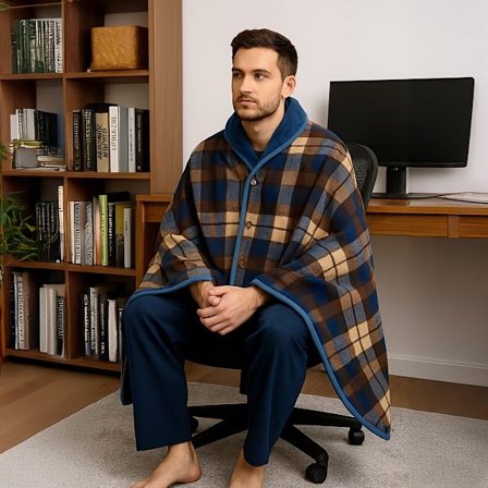 Bærbar varmt tæppe cape - med knapper - plys ærmeløs sjal - ternet mønster - blå