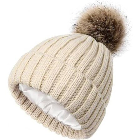 ING Beige tupsupipo, neulottu tupsupipo, naisten talvipipo satiinivuorella, paksu ja pehmeä lämmin neulottu pipo