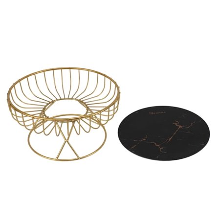 Rund frugtskål Stor kapacitet hul metal frugtskål Stativ til dessert Snacks Brød L Sort baggrund med guldstriber