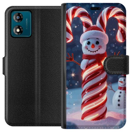 Kompatibel Tegnebogsetui til Motorola Motorola Moto E13 Glimrende jule slik-sne mand formet af slik pinde der lyser varmt i et vinterlandskab med snef