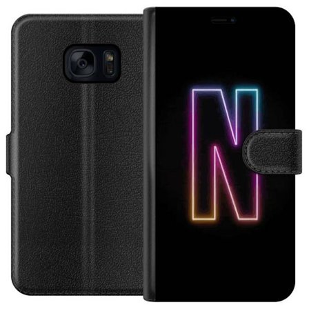 Kompatibel Tegnebogsetui til Samsung Samsung Galaxy S7 Minimalistisk neonbogstav N i farveskiftende lys mod sort baggrund