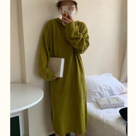 Kvinner Strikk Høst Vinter Genser Temperament Wild Idle Style Pullover Hette Kjole Mustard Green 50*46*98cm