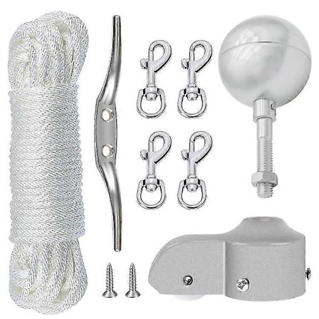 Reparasjonssett for flaggstang - 15 meter flaggline + 3" sølvfarget kule + 6" sinklegeringsklampe + 4 stk metallsvivelkroker + flaggstangtopp i 