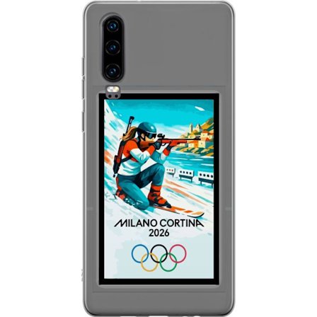 Kompatibelt Mobildeksel til Huawei P30 Retroplakat Cortina Milano 2026 med fjell, vintersportsutøvere, italienske trikolor, Milano-katedralen og olymp