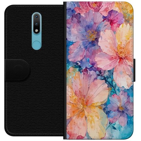 Yhteensopiva Lompakkokotelo Nokia Nokia 2.4 Vesivärimaalaus suurilla kukilla vaaleanpunaisissa, sinisissä ja keltaisissa sävyissä pehmeässä tait