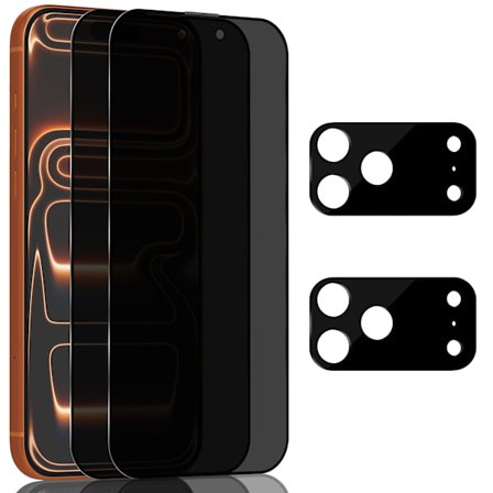 2-Pack iPhone 17 Pro Max Privacy Skærmbeskyttelse & 2-Pack linsebeskyttelse - Hærdet Glas 9H - Super kvalitet 3D