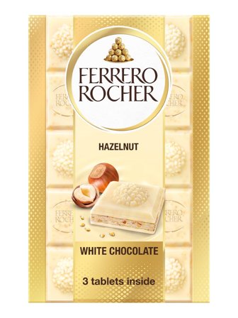 Ferrero RocherFilled white chocolate (59%) with hazelnut filling (38%) and hazelnut pieces. 0.27kg