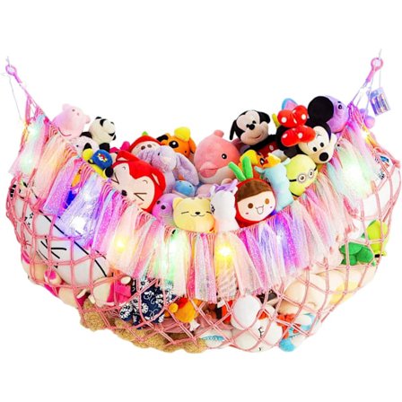 Erittäin suuri pehmolelujen riippumatto valolla, seinään asennettava - pehmolelujen järjestäjä, boheemi makramee-riippuverkko, lastenhuoneeseen - 