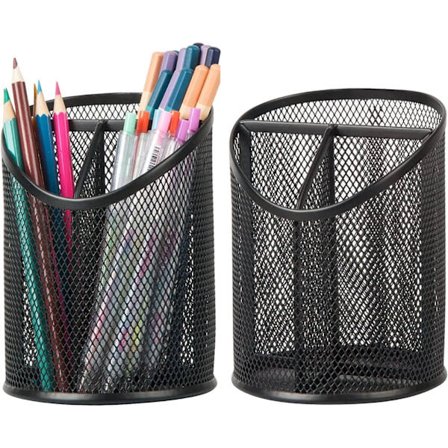 2-pak Sort Mesh Penholder til Skrivebord, Rund 3-rums Blyantorganisator - Kontor- & Skoleartikler Opbevaring, Multi-Sektions Skrivebord