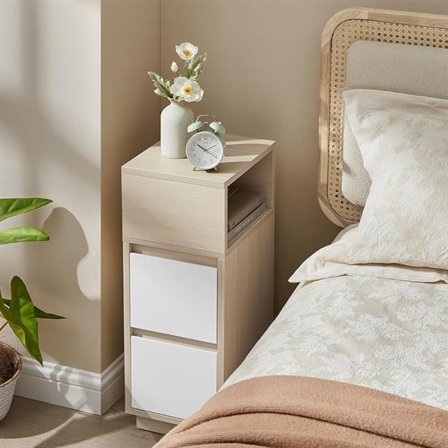 Kapea yöpöytä, jossa on 2 laatikkoa ja yksi avoin lokero - Beige/valkoinen