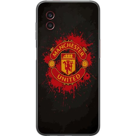 Yhteensopiva Puhelinkuori Samsung Samsung Galaxy Xcover6 Pro Manchester United logo punaisella ja keltaisella värillä, raikas urheilullinen tausta