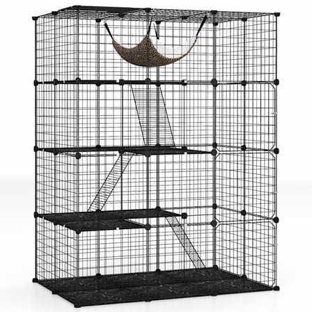 COSTWAY Dyrbur med 4 niveauer på 143 cm, hængekøje, 3 stiger, 4 døre og 1 vindue, aftagelig metalbur, sort