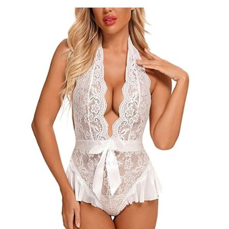 Dame Teddy Lingeri Blonde Bodysuit One Piece Halter Deep V Babydoll Undertøj (hvid, L)