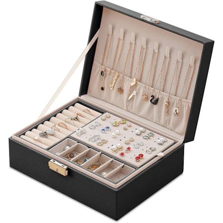 Smykkeboks (svart) for kvinner, reise låsbar lær smykkeskrin