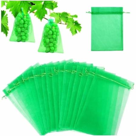 Frukt skyddspåsar, 100-pack, russin skyddspåsar, 20 x 30 cm, trädgårdsorganza påsar med dragsko mot getingar (grön)