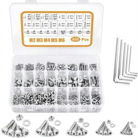 650 stk. hætte skruer med sekskantet topstykke, møtrikker og bolte Skiversæt