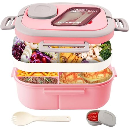 Madkasse med rum, 2-lags brødkasse, snackboks, madkasse, takeaway salatboks, skole smør madkasse med ske, sovs skål (pink)