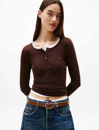 Tommy Jeans Tjw Slim Sh Irregular Rib Ls - Brown - M