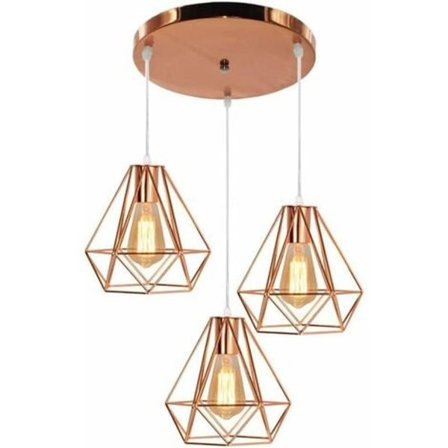 Industriell design diamant anhengslampe 3 lys, lysekrone skyggelampe i metall justerbart tau, rosegull, 20C