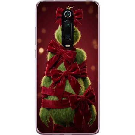 Yhteensopiva Puhelinkuori Xiaomi Xiaomi Mi 9T Pro Grinchi-hahmo koristeltu punaisilla samettinauhoilla juhlavassa studiossa, leikkisällä ja humoris