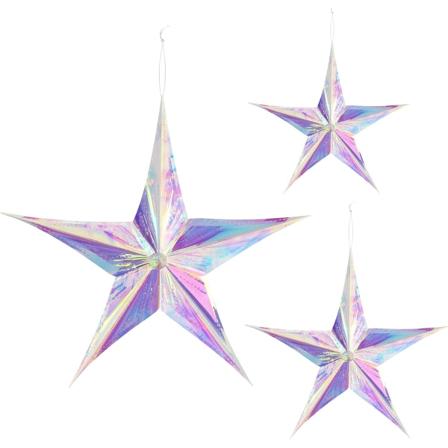 3 kpl sateenkaarenvärisiä taittuvia paperijoulutähtiä 5 sakaralla -