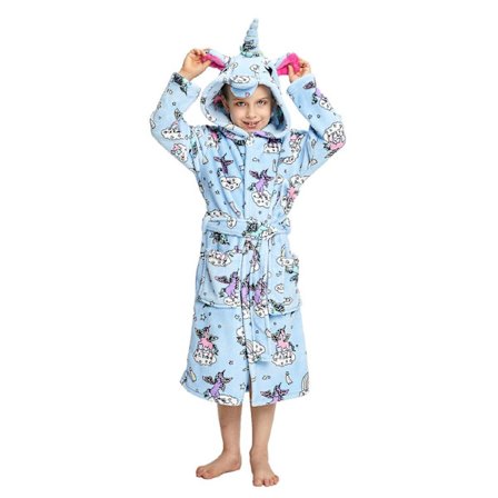 Reedca Flickor Enhörning Morgonrock Mjuk Badrock med Huvtröja Sovkläder Loungewear Presenter Kompatibel med Flickor Småbarn Barn Blå Tecknad