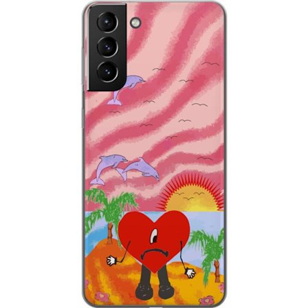 Kompatibel Mobilcover til Samsung Galaxy S21+ 5G Bad Bunny i en farverig quiltet jakke med hjertemønster og solbriller i moderne gade stil