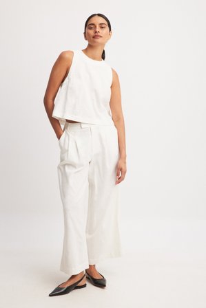 Chloe Rose x NA-KD Linen Blend Ankle Length Trousers - Linned bukser - Hvid - EU 36