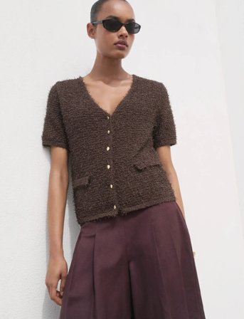 Mango Short-Sleeved Bouclé Cardigan - Brown - S