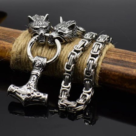 Necklace Men Wolf Head Thor's Hammer Pendant Necklace Nordic Jewelry - Stainless Steel