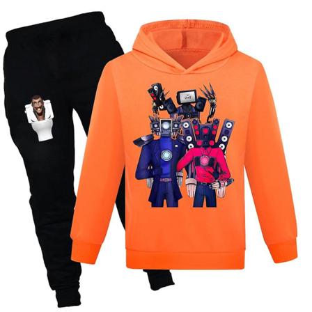 Kids Skibidi Toalettgenser Hettegenser og joggebukser 2-delt klessett Jogging Sportsklær Sweatshirtsett for gutter, jenter orange 11-12Y