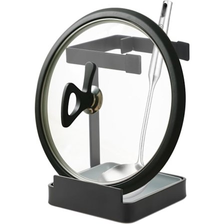 Multifunktionell Lockhållare - För Lock, Skedar, Skärbrädor, Kokböcker, med Avtagbar Droppbricka, Hållbar, Stabil (Svart)