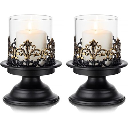 Svart Shabby Chic Lysestakesett for Bord - Gotisk Lysestakeholder Rustikk Glasslykt Midtstykke